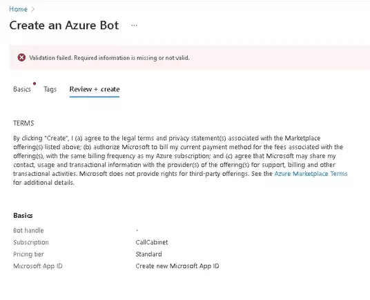 Bot Configuration Azure Bot Create