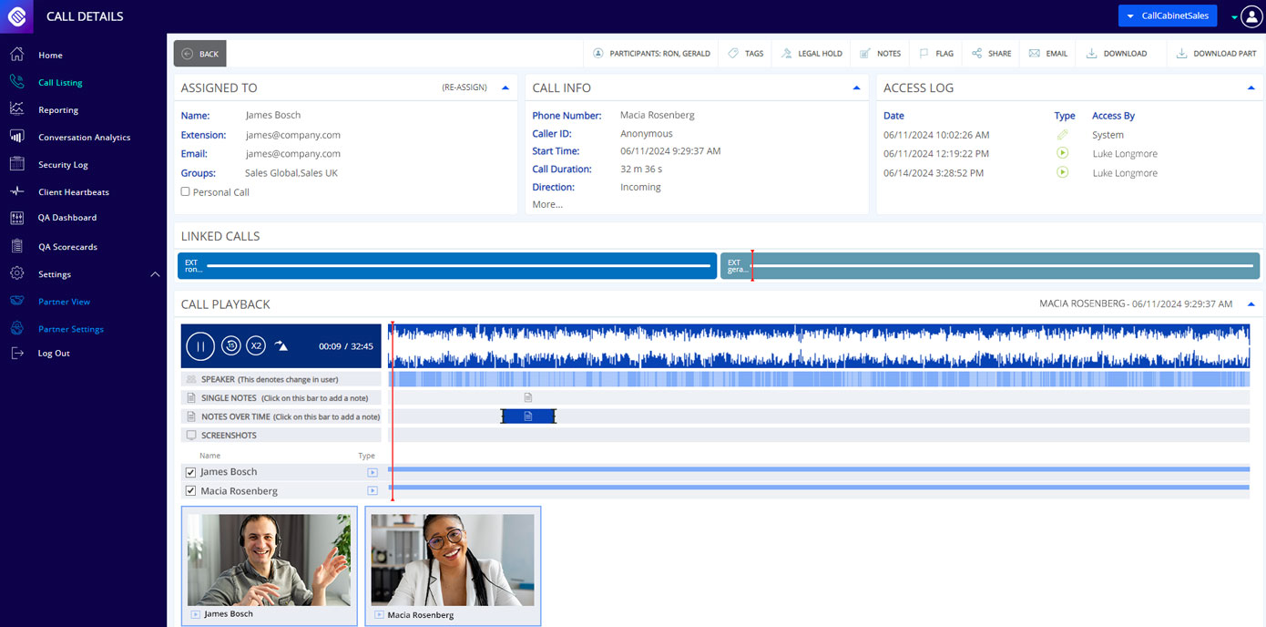 CallCabinet call details dashboard with video and audio recording